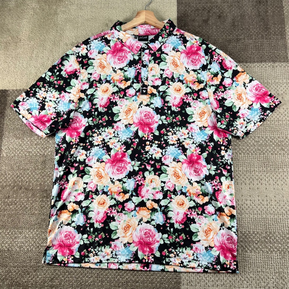 Bad Birdie Mens Floral Blossom Golf Performance Polo Shirt Black Pink XXL